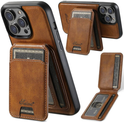Suteni Brown Real Leather MagSafe iPhone 14 Pro Max Card Wallet Phone Case *NEW*