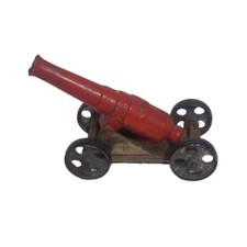 Vintage Miniature Cast Metal Cannon 23 Red Black Wheels Military toy soldiers