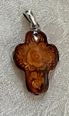 ATI Poland pendant Sterling Silver 925 Carved Amber Cross Etched Rose Signed VTG