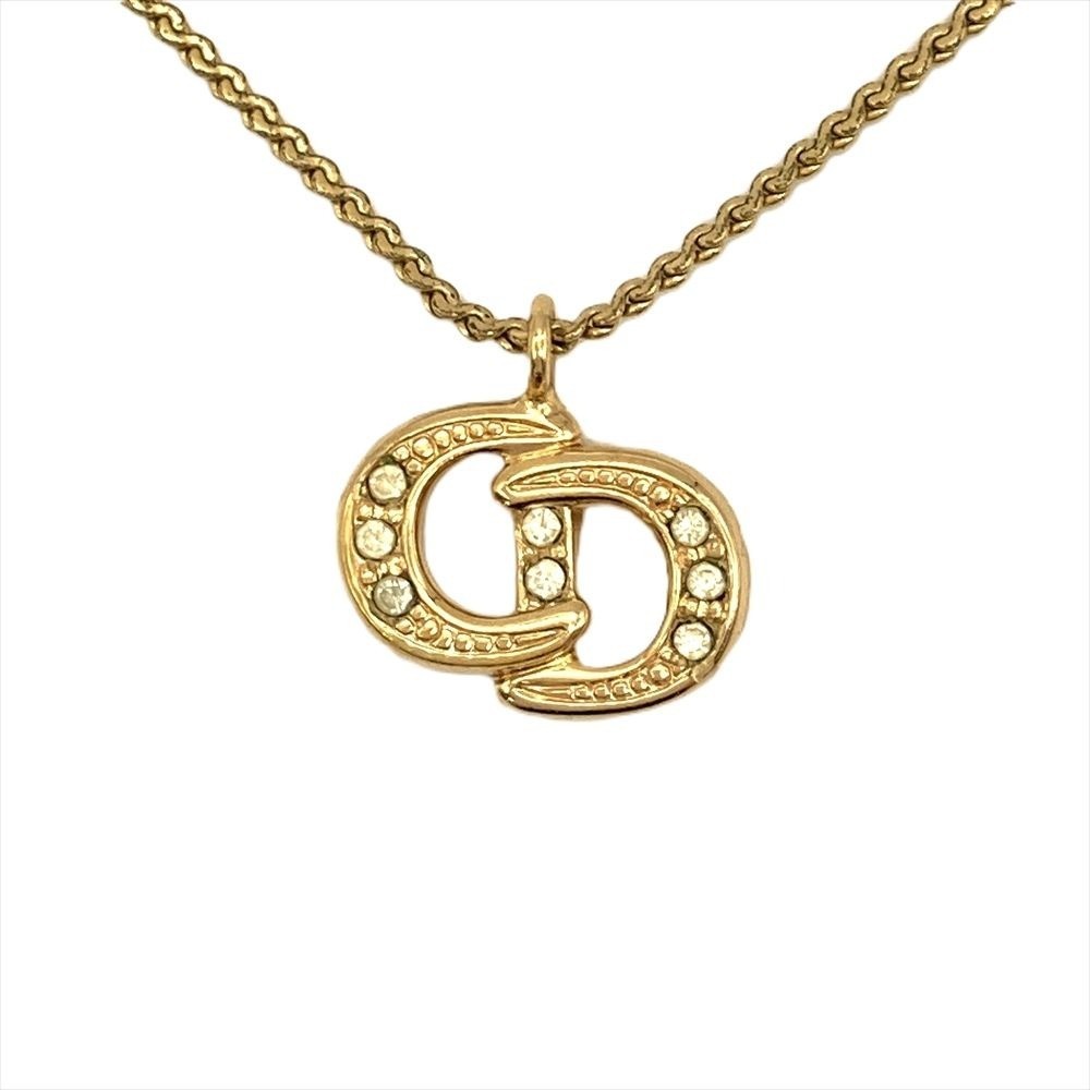 Christian Dior CD Logo gold necklace ② Christian Dior CD Logo Motif Necklace Gold Plated Rhinestone