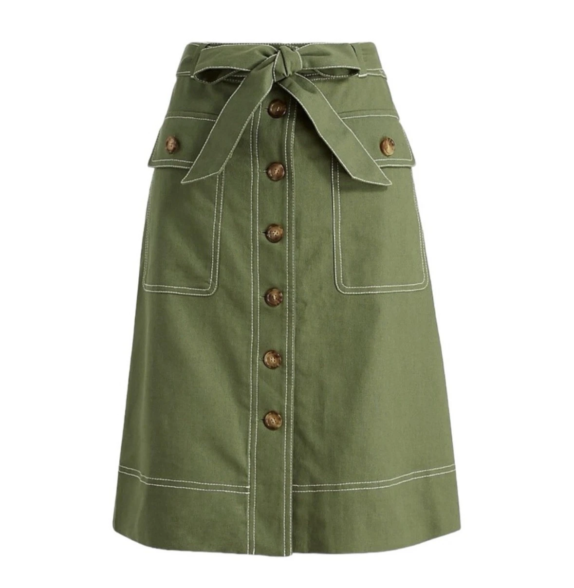 J. Crew Factory Green Linen Cotton Blend Button Front Belted Skirt Size 2