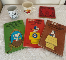 4 Snoopy Vintage books: Dark & Stormy, Red Baron, Apple Orchard,  cherry pie mug