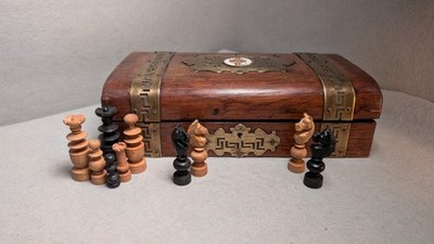 Vintage Compendium Chest w/ Brass Trim, Regence Chess, Board & Counters