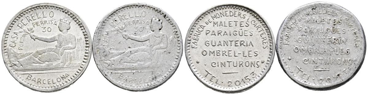 BARCELONA. Conjunto de dos fichas de la Casa Perello de Barcelona, para maletas