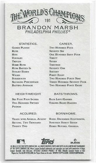 2023 Topps Allen & Ginter X Brandon Marsh #191 MINI Philadelphia Phillies - Image 2 of 2