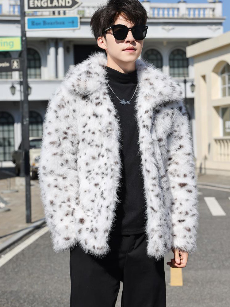 Men's Thick Warm Short Leopard Print Fur Coat Winter Plus Size Faux Fox Fur Coat