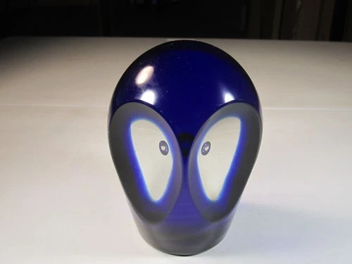VTG Murano Italy Cobalt Blue w/Control Bubble Eyes Heavy Glass OWL Paperweight