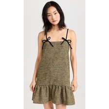 Ganni Woolen Check Mini Dress Bow Strap Drop Waist Size 32 / 0