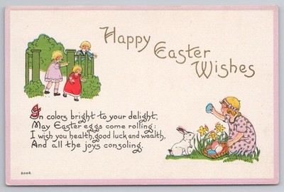 Frohe Ostern Wünsche Gedicht, Mädchen mit Eiern und Hase, Vintage Illustration