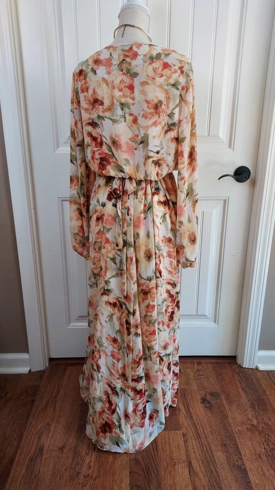 Maxi Vestido Luxology XL Floral Manga Larga Sobrepelliz Imitación Envoltura Fluido Boho Foto 2 de 4