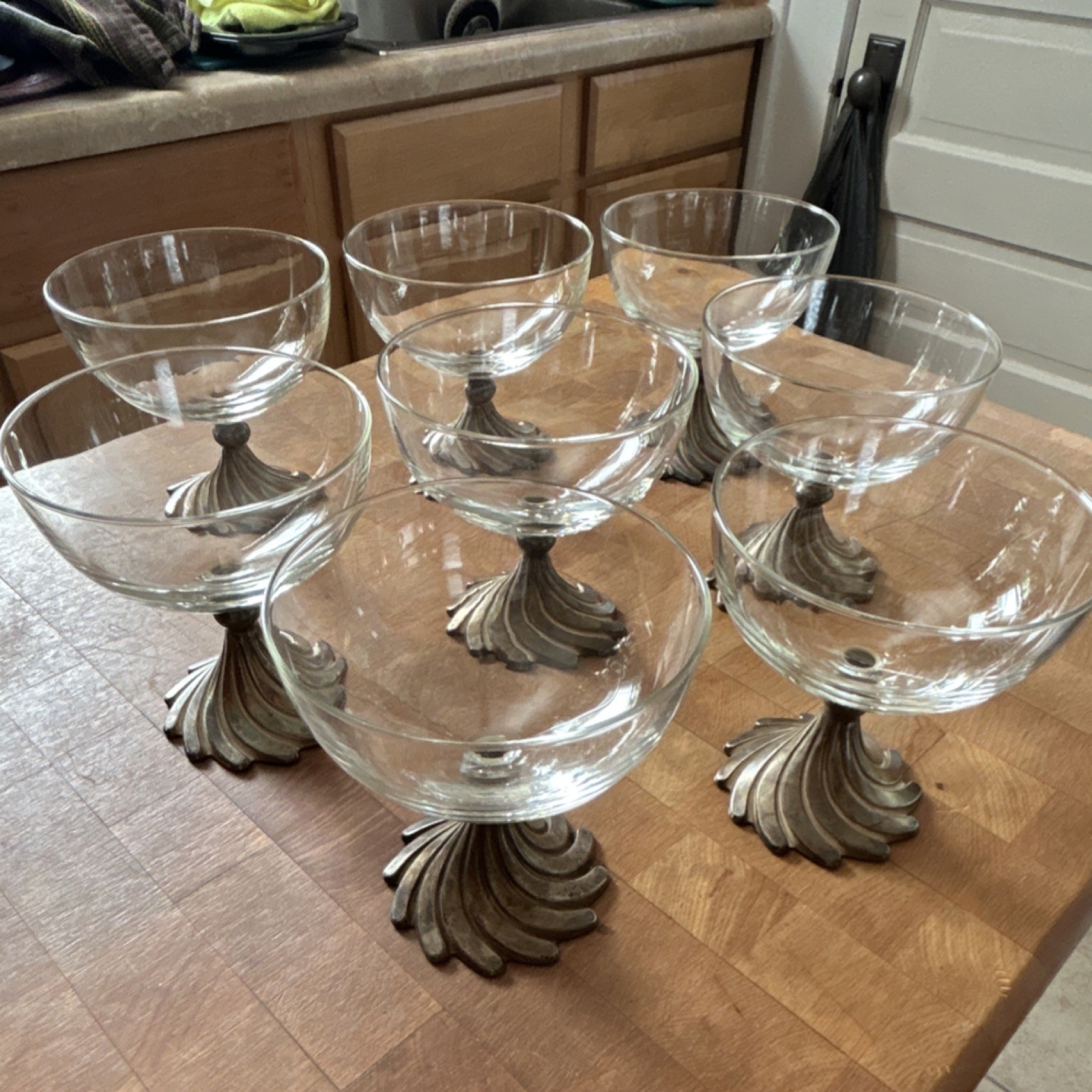 Set of 8 Stemmed Glass Champagne Coupes with Metal Bases, France, 5