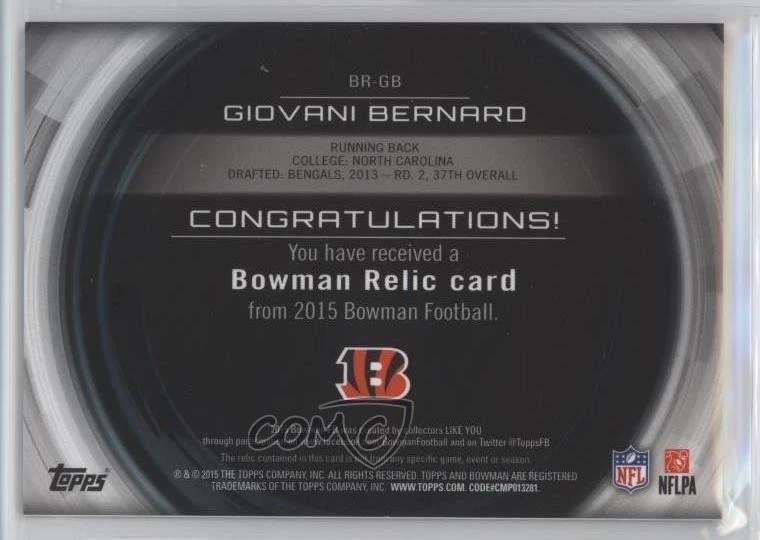 2015 Bowman Relics Giovani Bernard #BR-GB - Image 2 of 2
