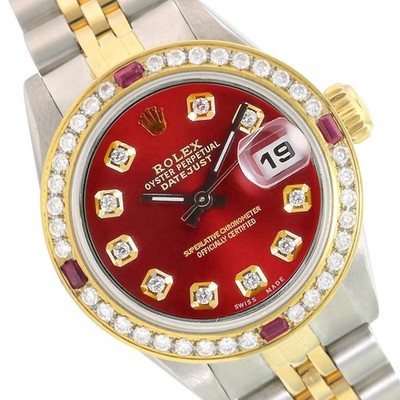 Rolex Datejust 69173 Two-Tone 18KY Steel Red Diamond Dial Ruby Bezel Watch