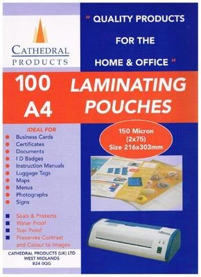 Cathedral A4 150 Microns Laminating Pouch Pouches Heated Pack Of 100 (2X75MCN)