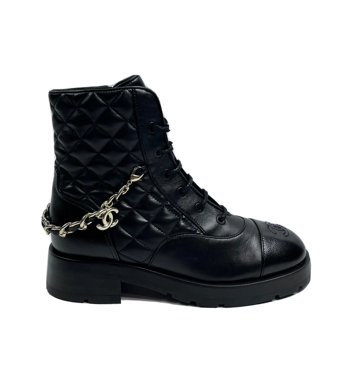 CHANEL Fall-Winter 22/23 Black Quilted Leather Lace Up Boots Size: 38