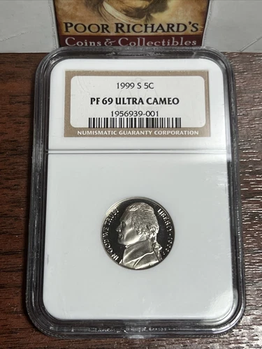 1999 S Proof Jefferson Nickel Certified PF69 Ultra Cameo By NGC. SN1077