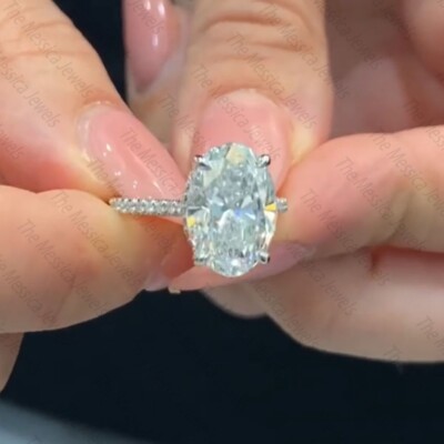 4.0TCW Oval Cut Moissanite Hidden Halo Engagement Ring 14k White Gold Plated