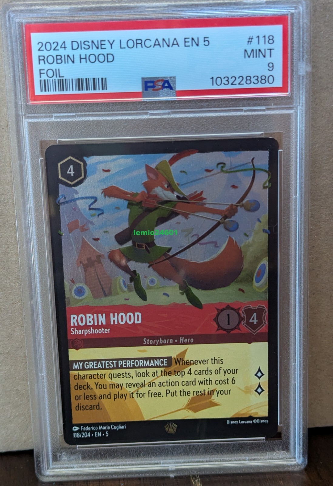 Lorcana Robin Hood- Sharpshooter 118/204 Shimmering Skies Cold Foil PSA 9