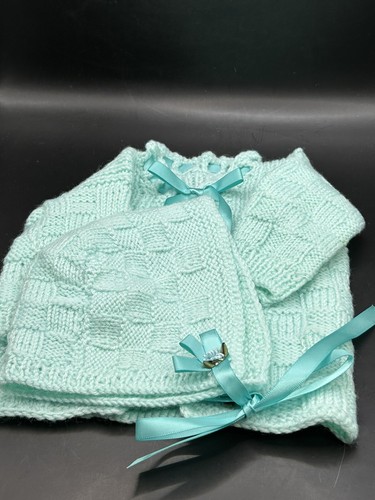 Vintage Mint Green Hand Crocheted Baby/Doll Sweater & Bonnet/Hat Set - Picture 3 of 8