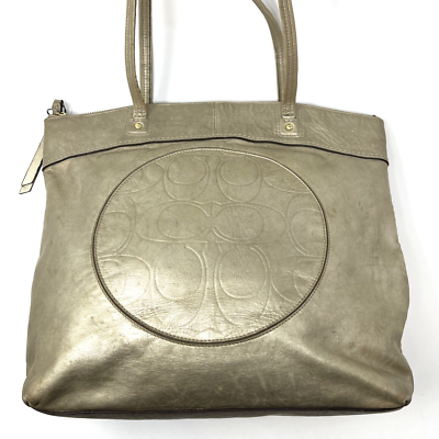 Coach Leather Bag Signature Laura Metallic Tote Logo Embossed