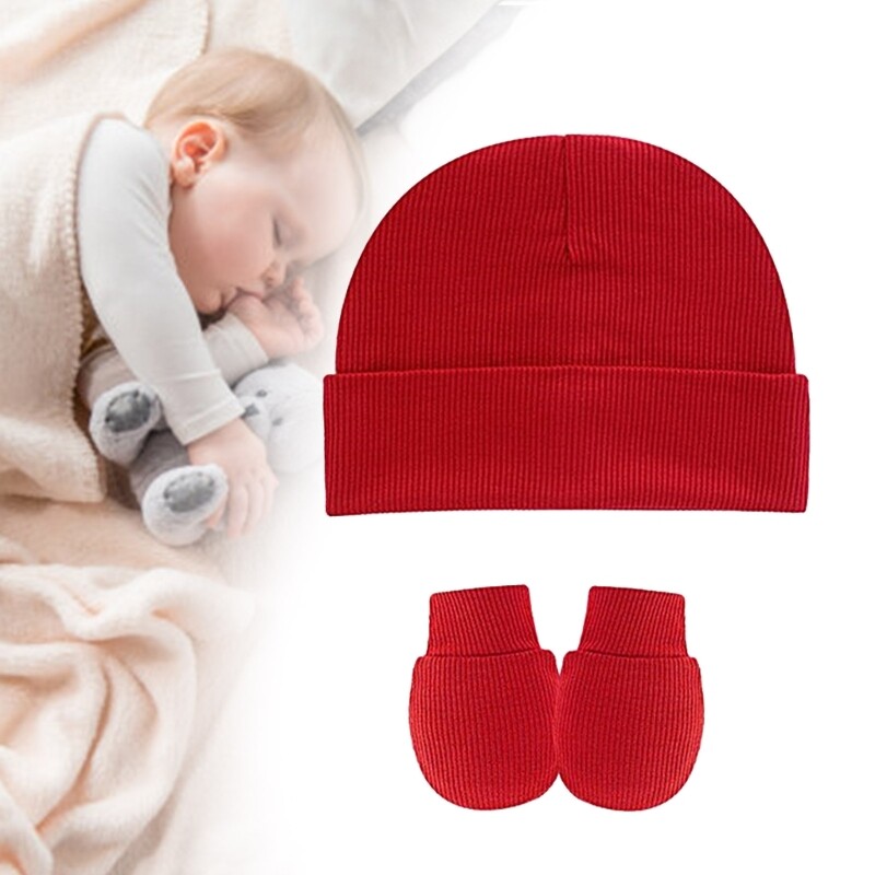 Cotton Newborns Fetal Caps with Anti Scratch Mittens Infants Toddlers