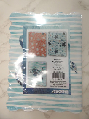 Merangue Pack of 3 Nautical Journals 30 Ruled Sheets EA Turtles Seashells New