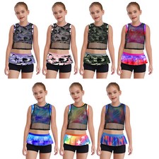 Girls Activewear Sets Crop Top Elastic Waistband Shorts Sports Gym Workout Dance