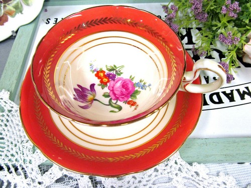 AYNSLEY Teetasse und Untertasse ORANGE und rosa Rose Teetasse niedrig Doris Form 20er - Bild 3 von 9