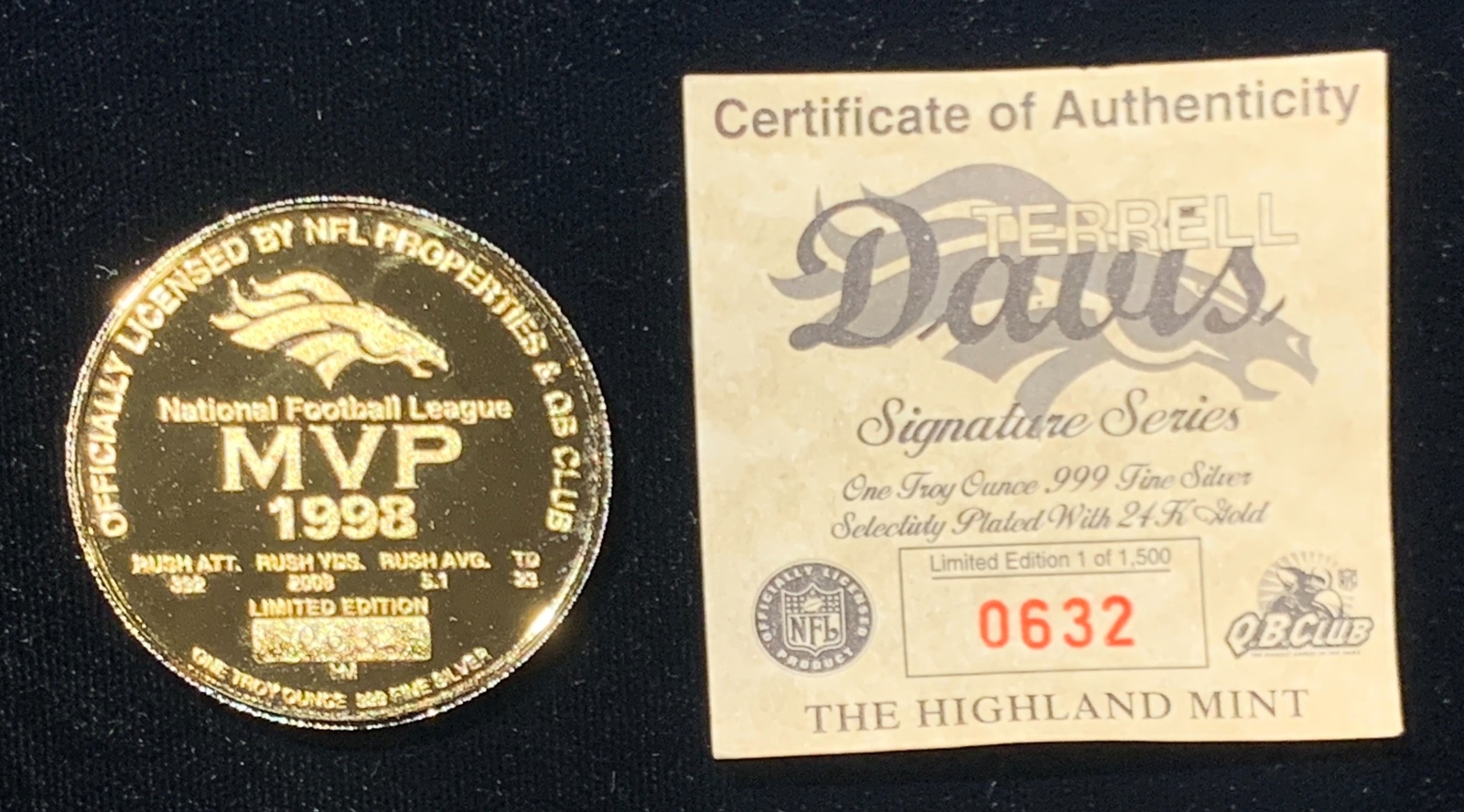 1998 The Highland Mint Mint Coin Terrell Davis 1oz 999 Fine Silver 1998 The Highland Mint Mint Coin Terrell Davis 1oz 999 Fine Silver