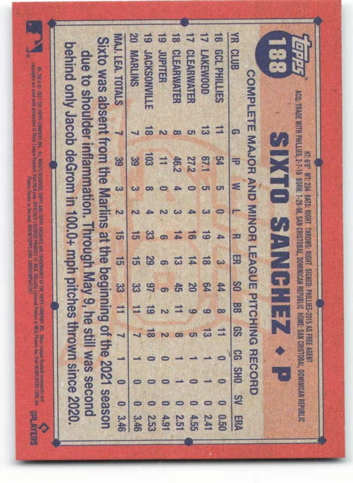 2021 Topps Archives Baseball #188 Sixto Sanchez  RC Miami Marlins - Image 2 of 2