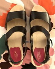 Swedish Hasbeens Wood Platform Sandal Size 38 EU 7 US Leather Black Straps