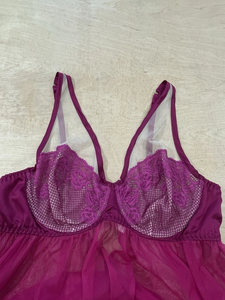 Cacique Mujer Fucsia Rosa Caliente Encaje Transparente Babydoll Chemise Lencería Talla 18/20 Foto 4 de 4