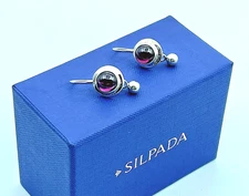 Vintage Silpada .925 Sterling Garnet Cabochon Dangling Bead Ball Earrings, W0251