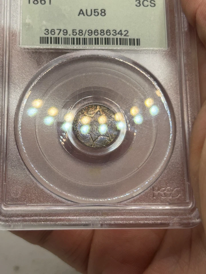 1861 U.S. 3 Cents 3CS THREE PCGS AU58 OGH! Tough Date! Nice Color & Eye Appeal** - Image 4 of 4