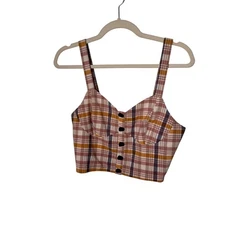 Zara Plaid Size Large Neutral Cropped Smocked Summer Vacation Retro Faux Buttons