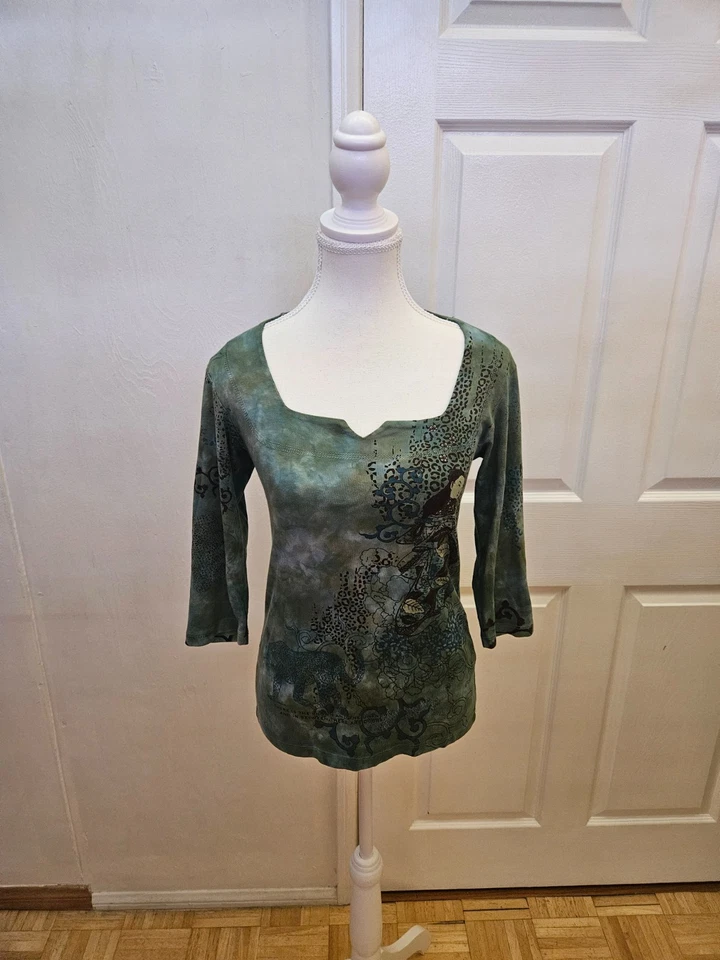 NUEVA Y2K GLIMA Blusa Top Verde Azul Estampado Tie Dye Asiático Jaguar Algodón S Foto 3 de 4