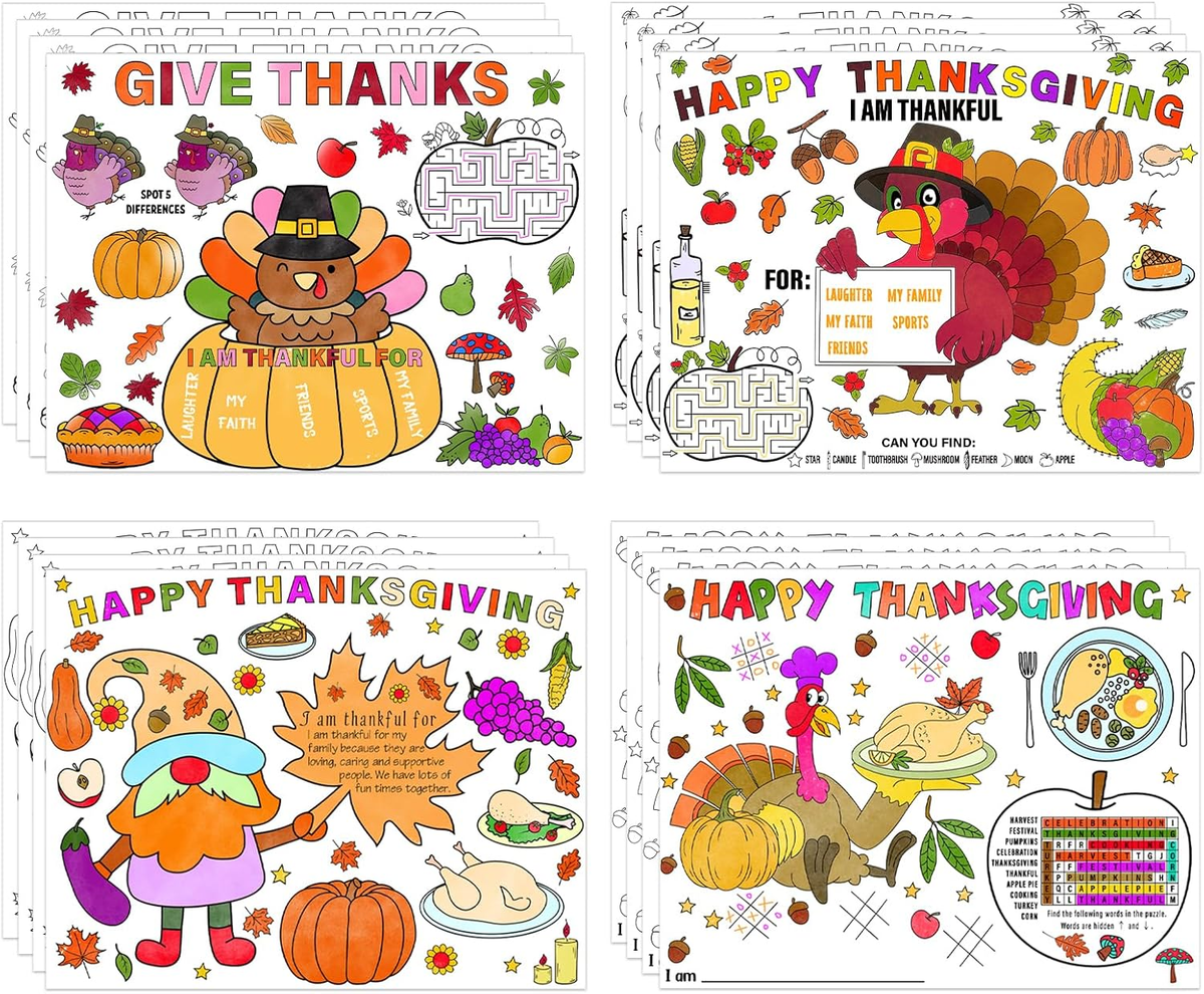 Happy Thanksgiving Activity Paper Tablecover - 40x59 Inch Coloring & Games Tablecloth For Kids & Family