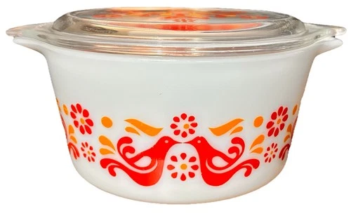 New ListingPyrex 473 1QT Casserole w/ Lid – Red Orange Bird Pattern – Vintage USA