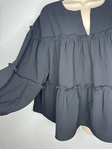 Marc New York Andrew Mark Black Tiered Pleated Ruffle Balloon Sleeve Sz L NEW - Picture 3 of 7