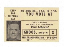 CANADA 1963 2d QE Postcard, DAVID GROOS VICTORIA LIBERALS ELECTION Card