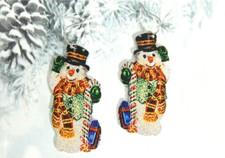 CHRISTMAS-MULTI-COLOR PRINT METAL SNOWMAN DANGLE EARRINGS: LARGE
