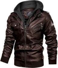 Men's Stand Collar PU Faux Leather Jacket 6 Pockets Motorcycle Bomber Jacket (L)