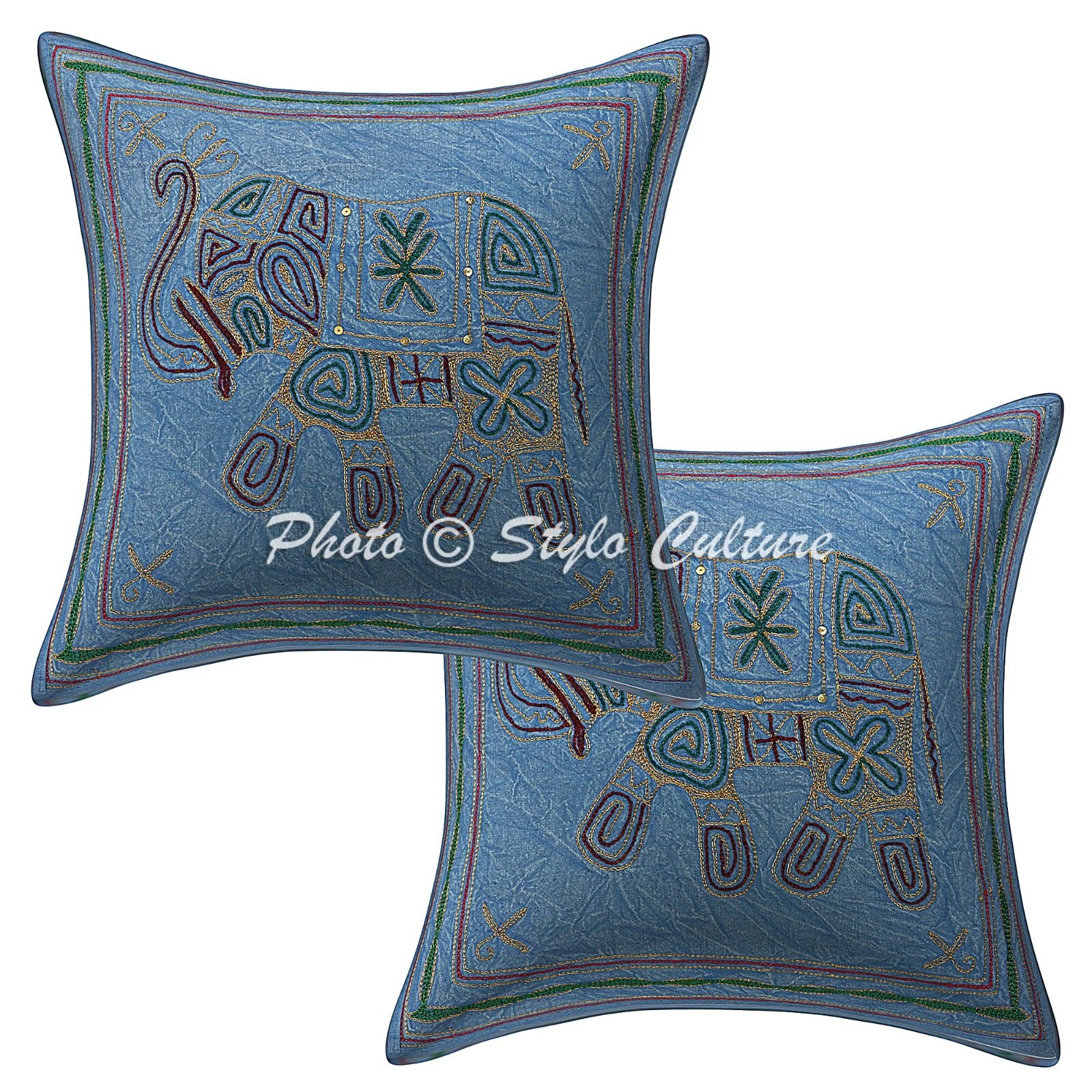 Pillow Cover Elephant Zari Embroidered Decor Car Sofa Cushion Case 16 x 16 in