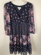 Ann Taylor LOFT Navy Blue Purple Mixed Floral Tiered Peasant Boho Dress 4