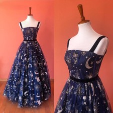 Glitter Navy Blue Constellation Tulle Maxi Prom Dresses A-Line Party Dresses
