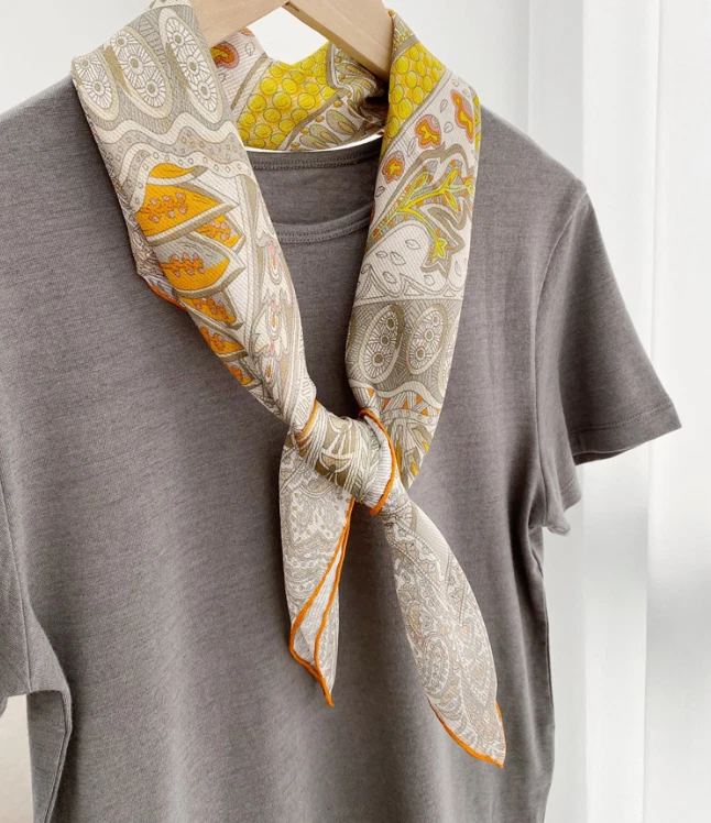 100%Silk Mulberry Wrap Shawl Square Yellow leaf Print Bandanna Scarf 65X65cm new