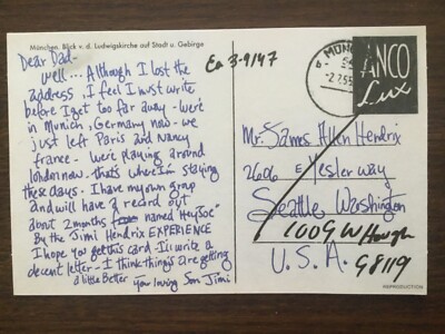 JIMI HENDRIX 1966 POSTCARD FROM GERMANY WRITTEN BY TO HIS DAD *(FACSIMILE COPY)*
