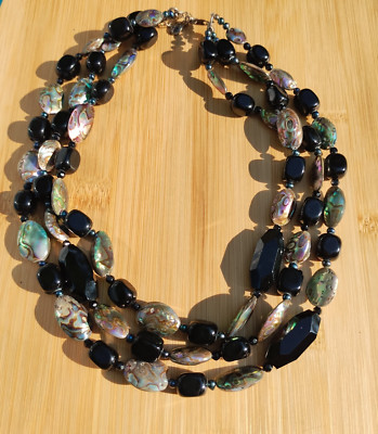 Barse Abalone black stone multi strand necklace 925 Sterling Silver