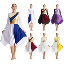 Womens Liturgical Lyrical Dance Dress Long Sleeve Metallic Dresses Dancewear