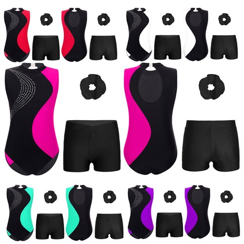 Kids Girls Suit Patchwork Set Hair Tie Outfit Contrast Color Sportswear Yoga - Picture 6 of 40